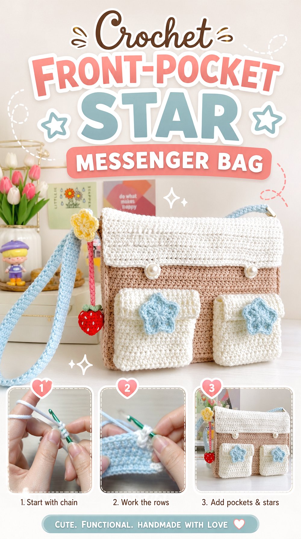 Crochet Front Pocket Star Messenger Bag