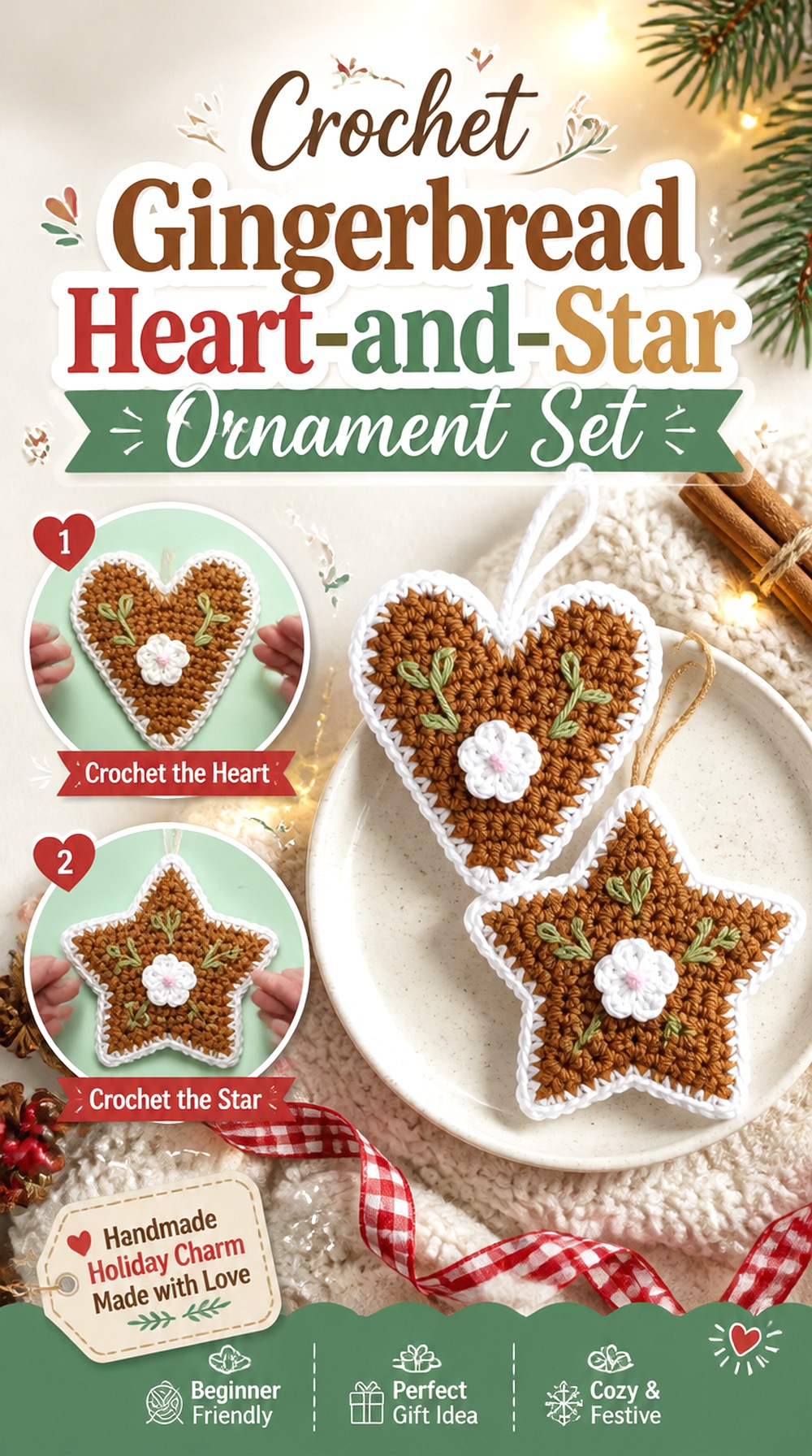 Crochet Gingerbread Heart and Star Ornament Set