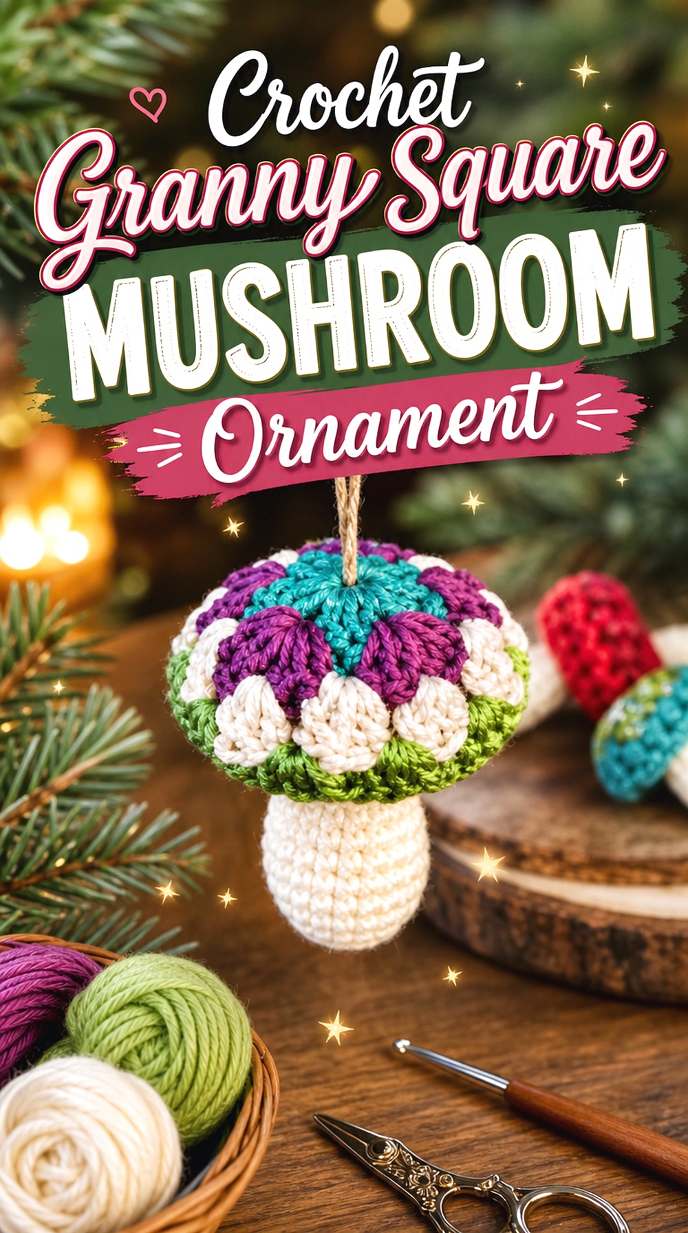 Crochet Granny Square Mushroom Ornament