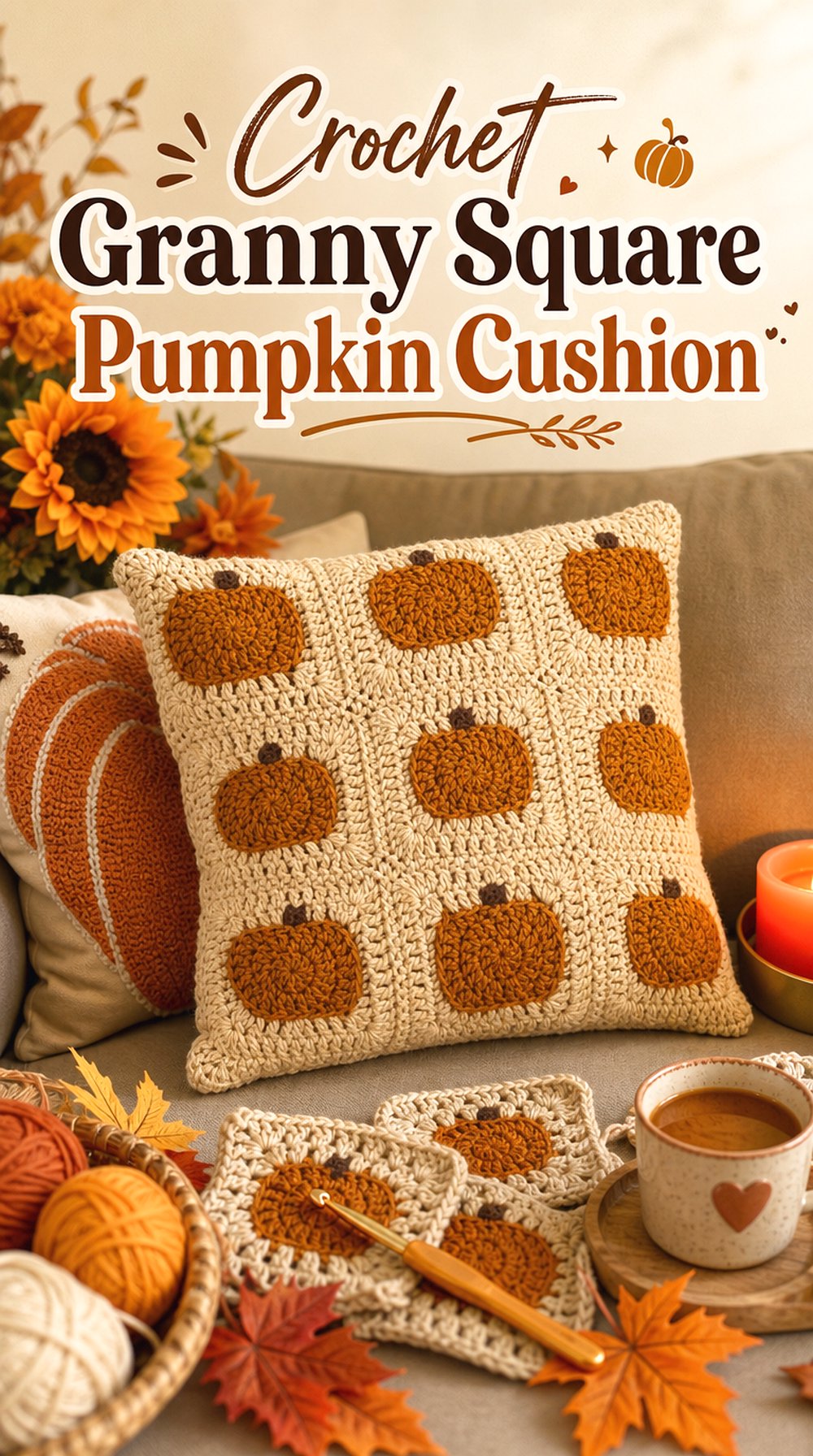 Crochet Granny Square Pumpkin Cushion