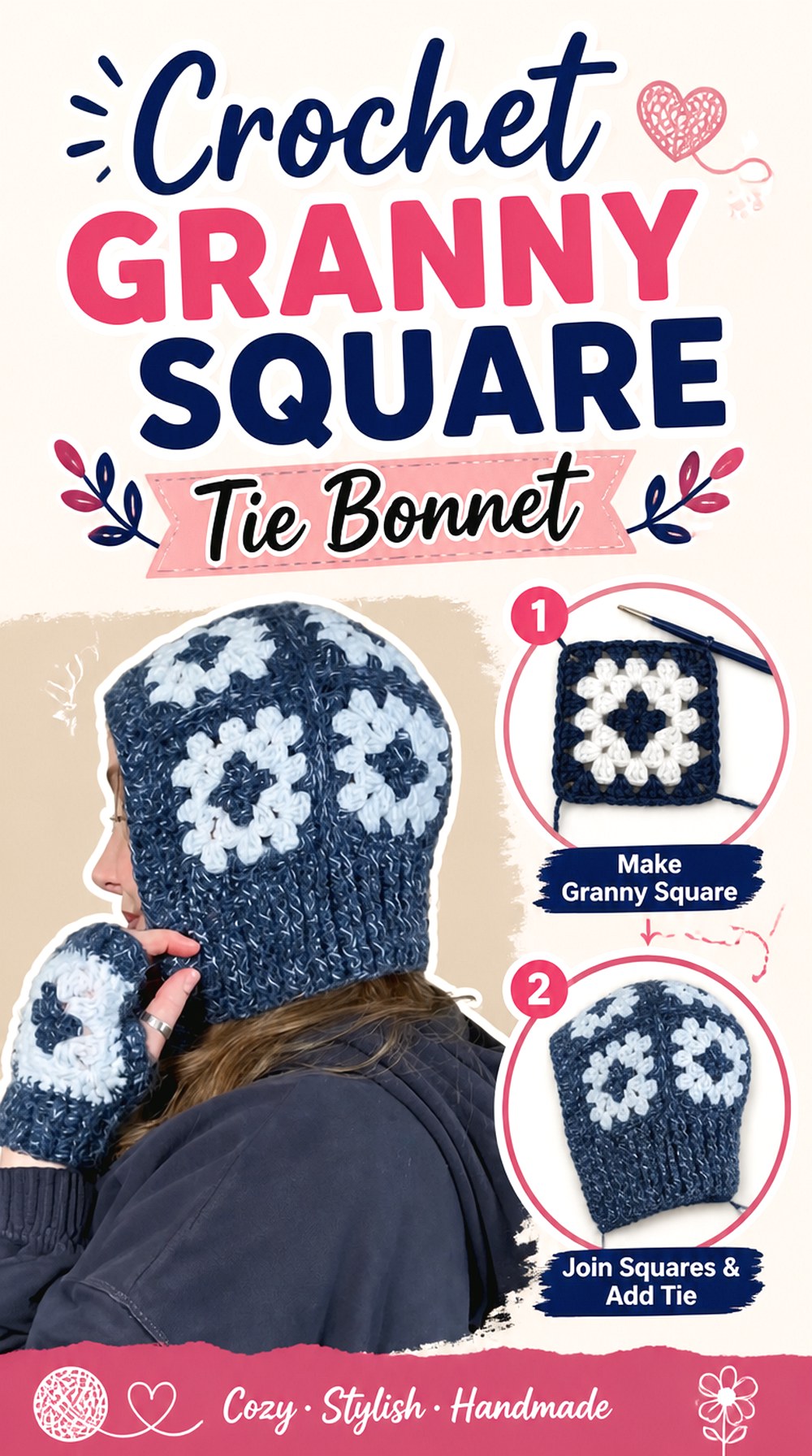 Crochet Granny Square Tie Bonnet