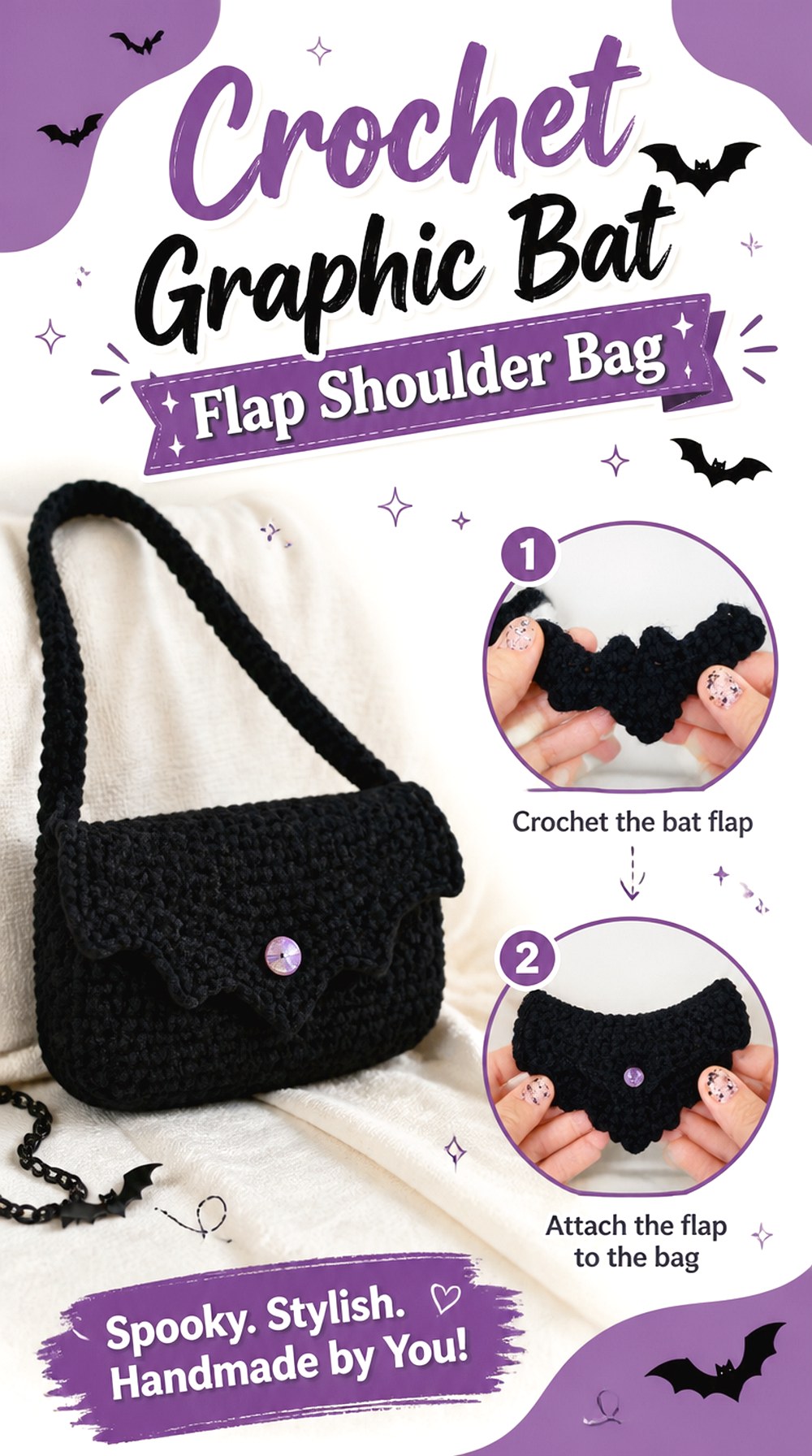Crochet Graphic Bat Flap Shoulder Bag