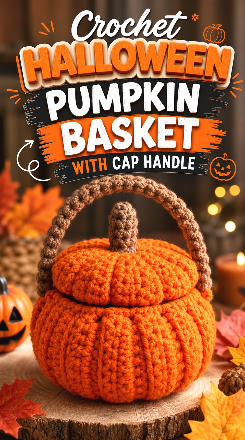 Crochet Halloween Pumpkin Basket with Cap Handle