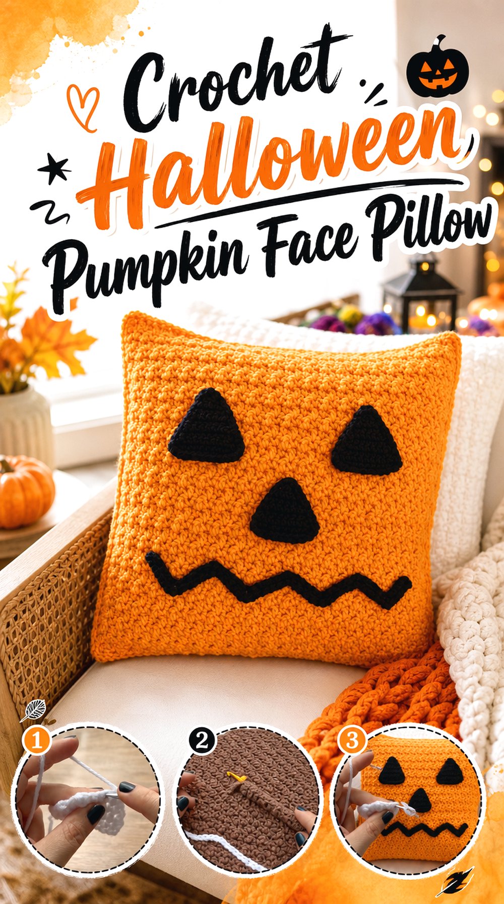 Crochet Halloween Pumpkin Face Pillow