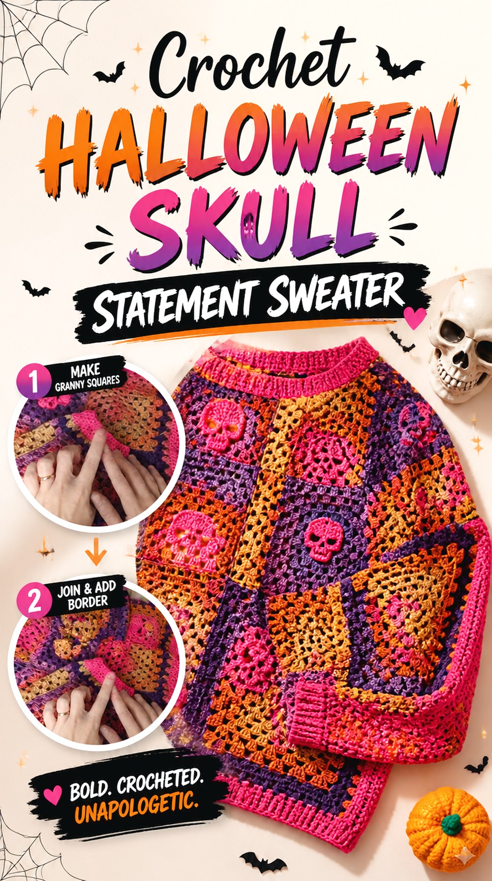 Crochet Halloween Skull Statement Sweater