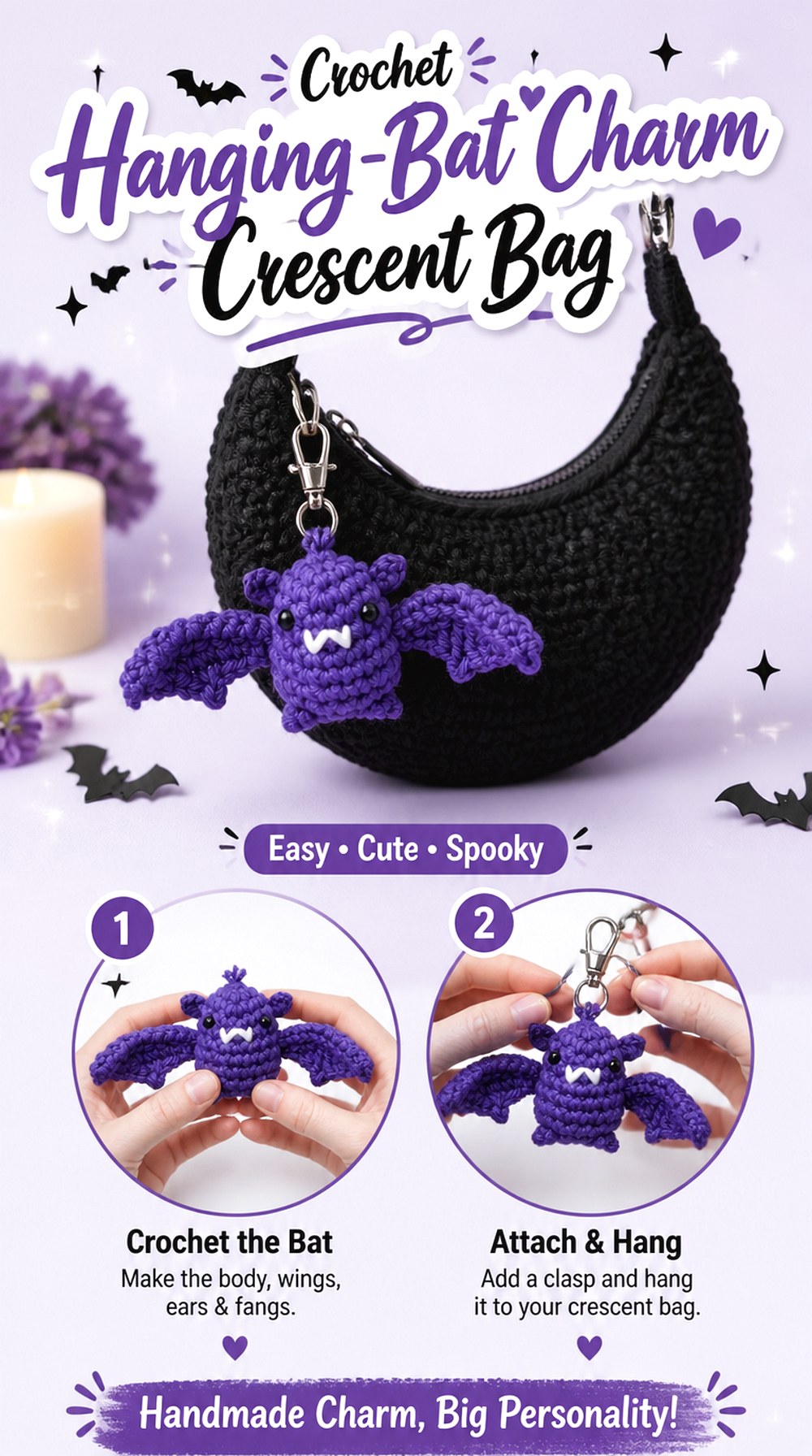 Crochet Hanging Bat Charm Crescent Bag
