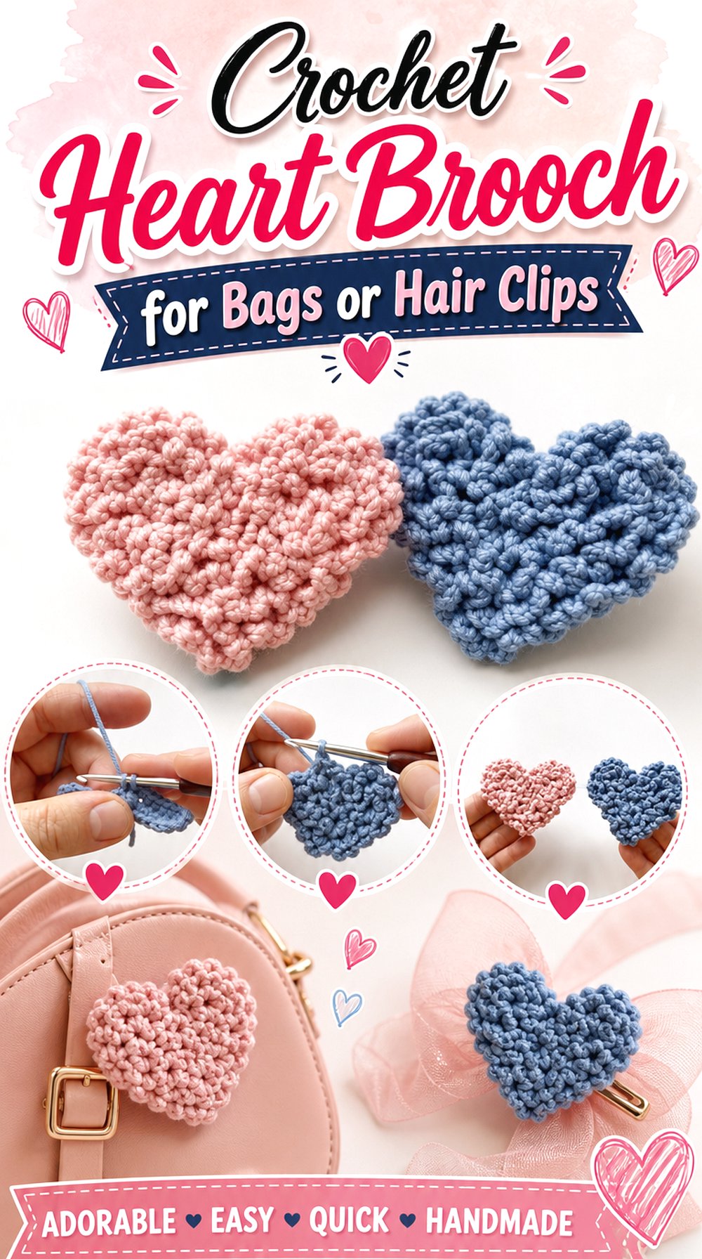 Crochet Heart Brooch for Bags or Hair Clips
