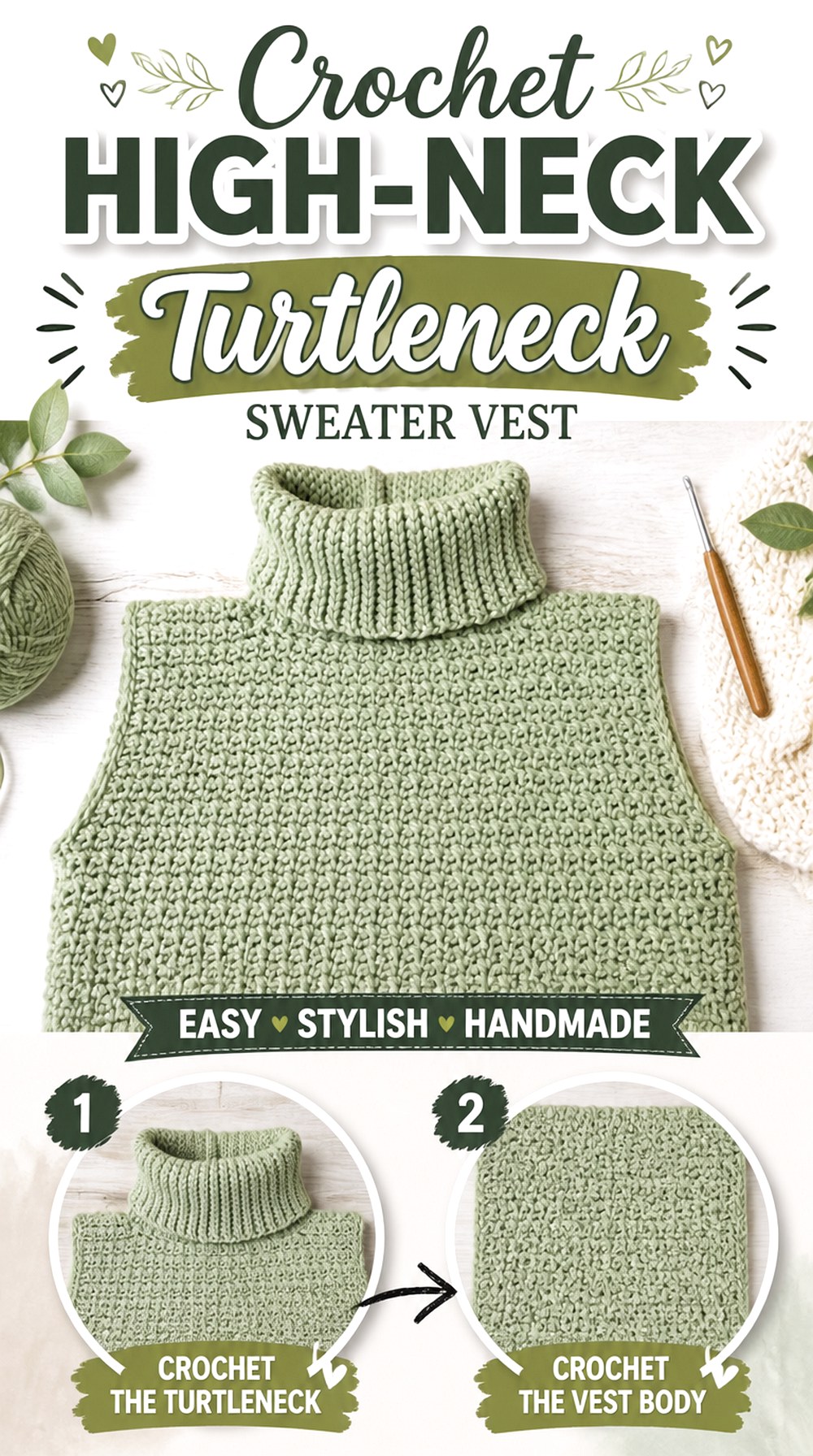 Crochet High Neck Turtleneck Sweater Vest