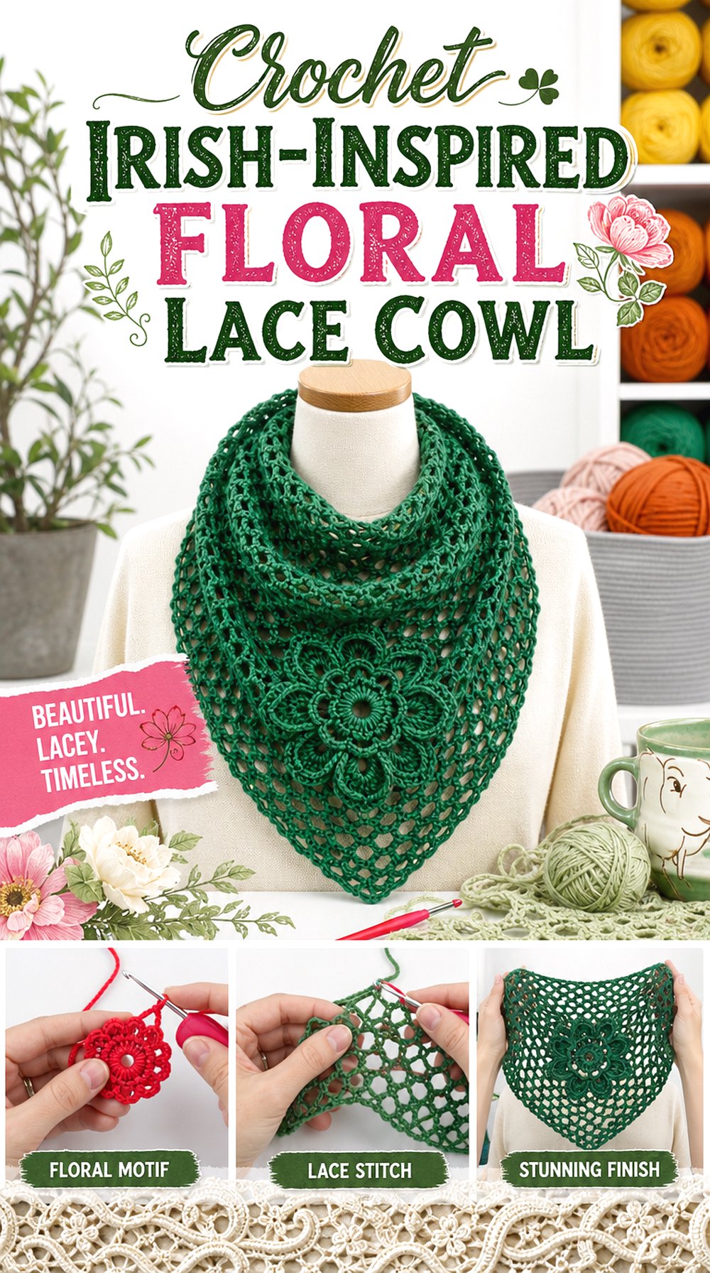 Crochet Irish Inspired Floral Lace Cowl
