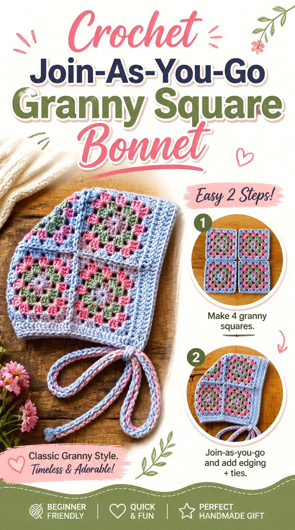 Crochet Join As You Go Granny Square Bonnet