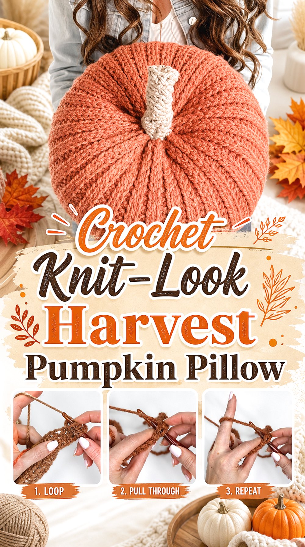 Crochet Knit Look Harvest Pumpkin Pillow