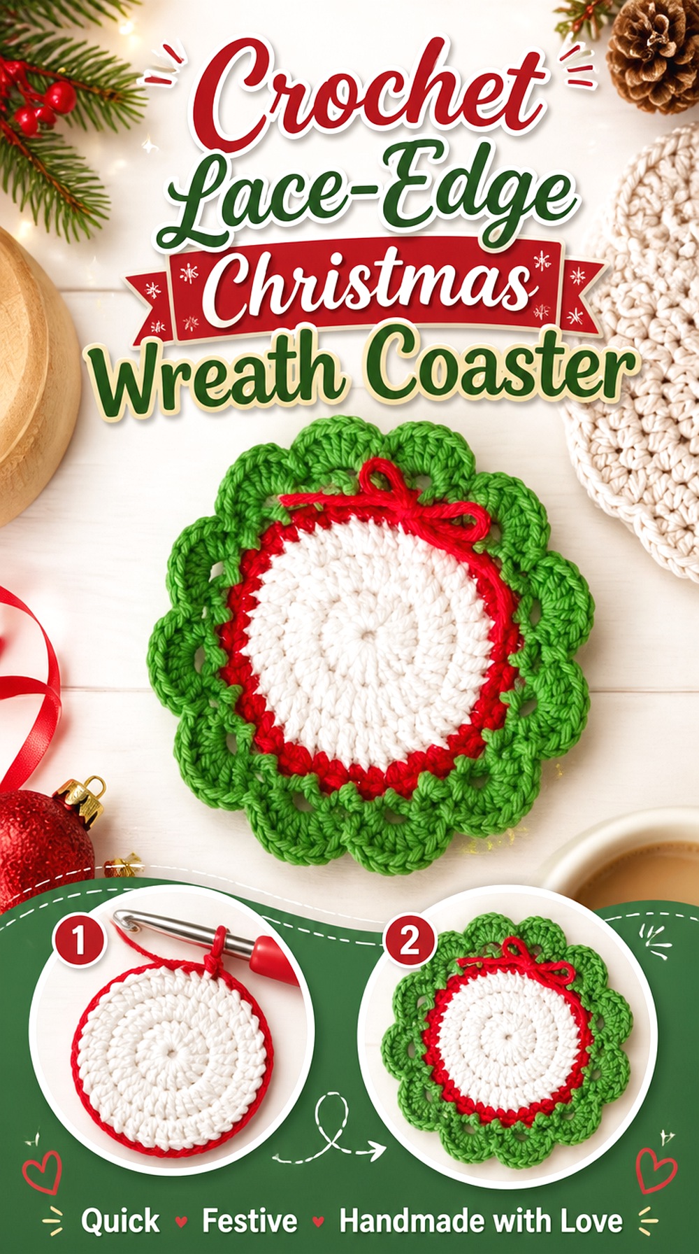 Crochet Lace Edge Christmas Wreath Coaster