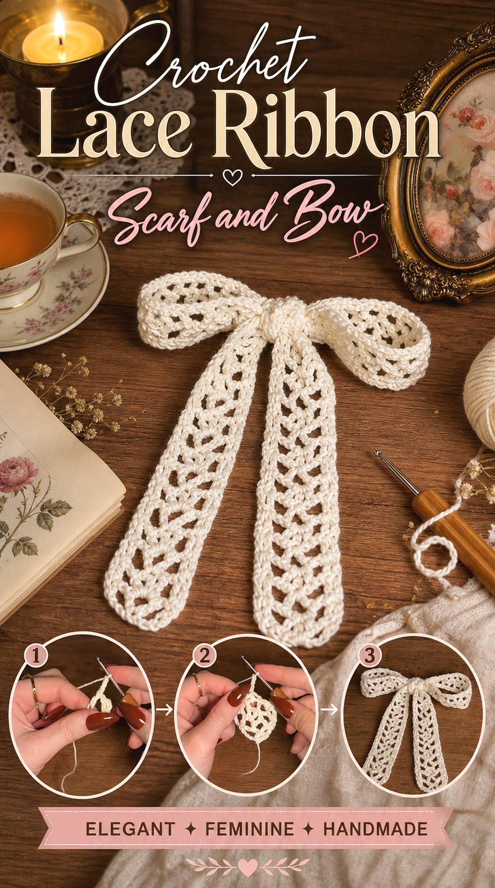 Crochet Lace Ribbon Scarf and Bow