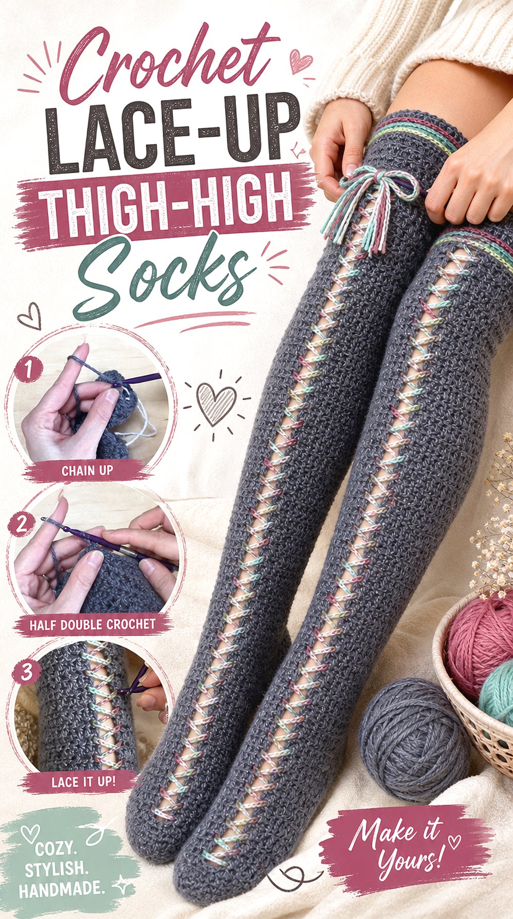 Crochet Lace Up Thigh High Socks