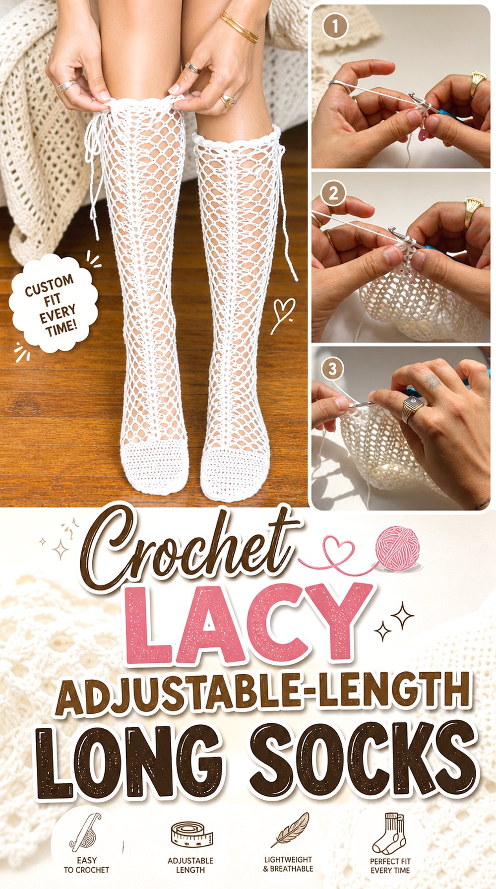 Crochet Lacy Adjustable Length Long Socks