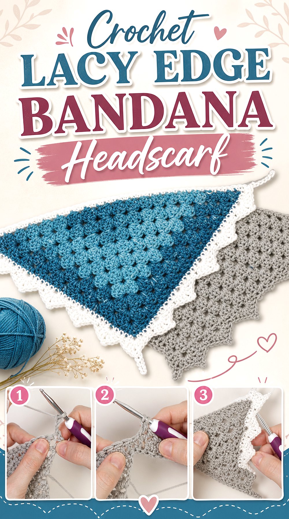 Crochet Lacy Edge Bandana Headscarf