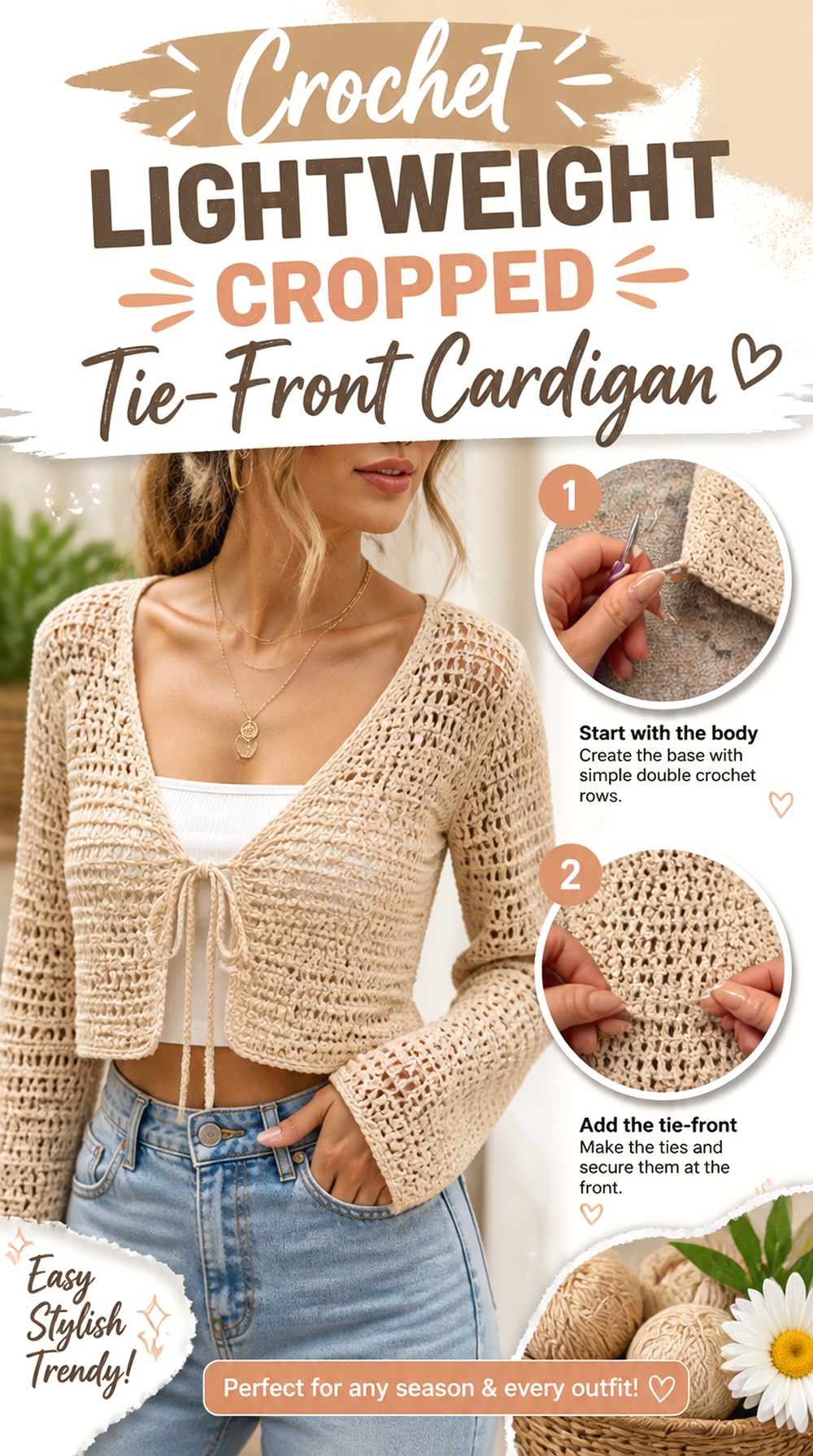 Crochet Lightweight Cropped Tie Front Cardigan