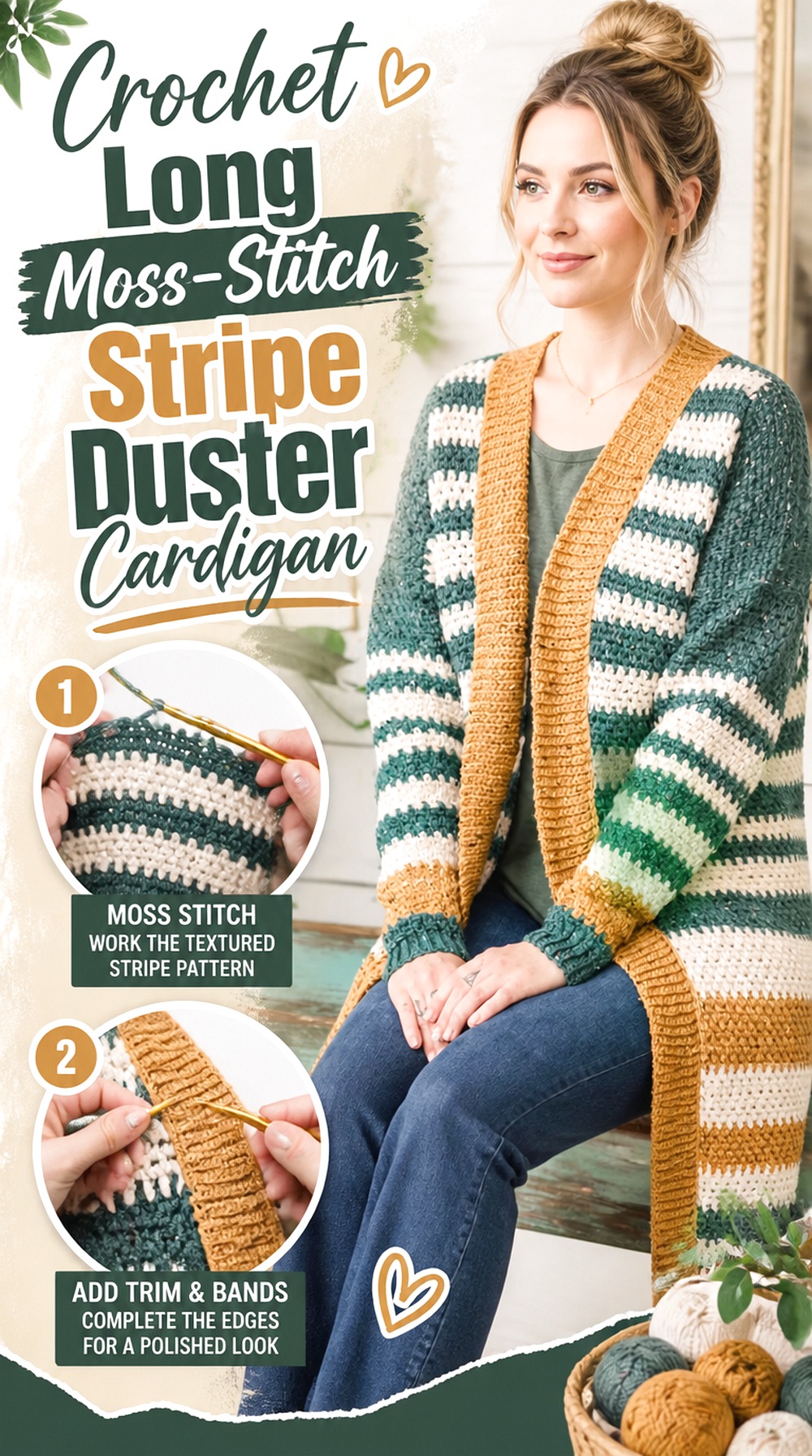 Crochet Long Moss Stitch Stripe Duster Cardigan