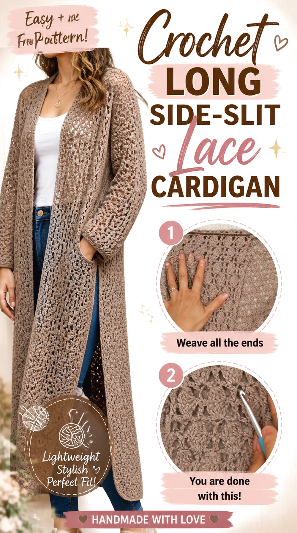 Crochet Long Side Slit Lace Cardigan