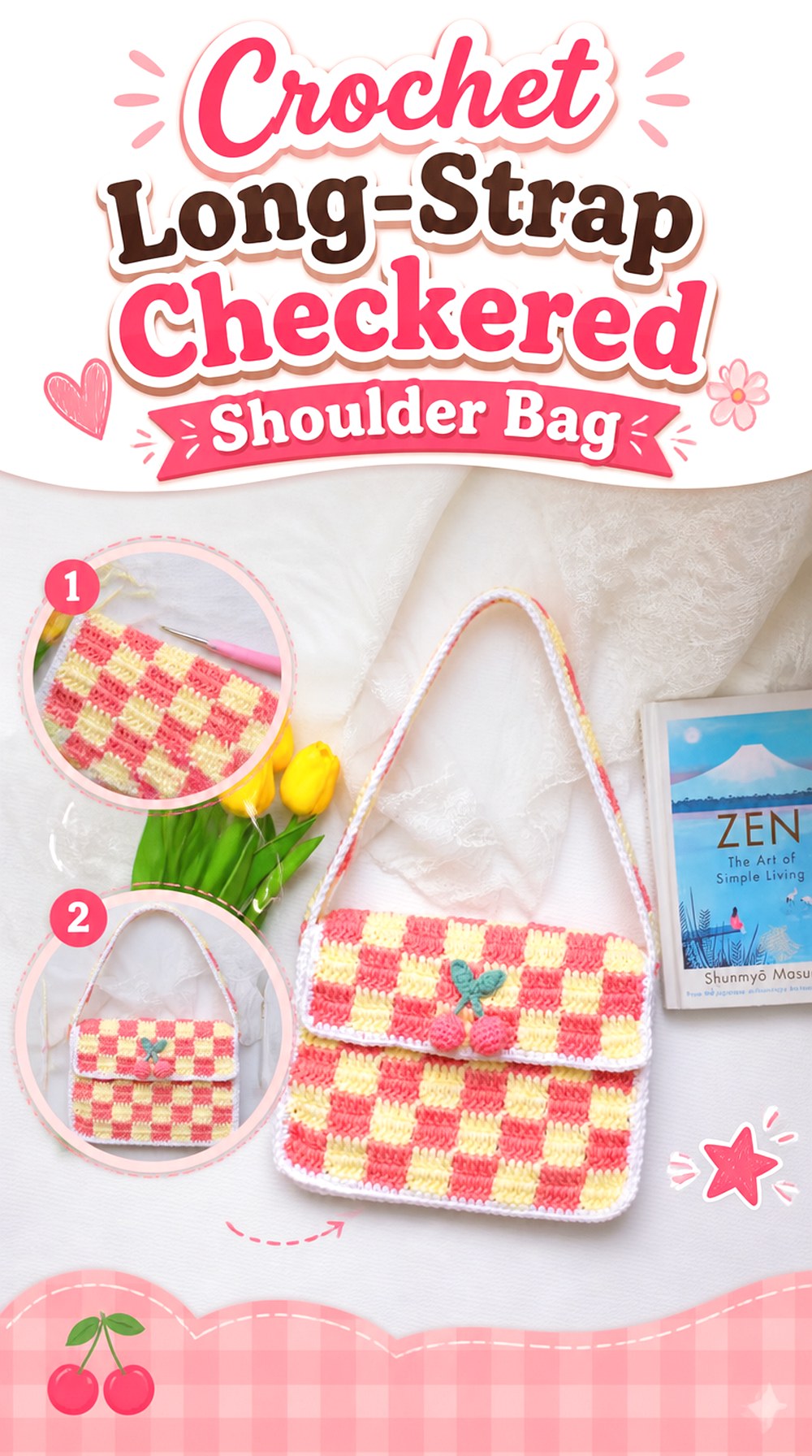Crochet Long Strap Checkered Shoulder Bag