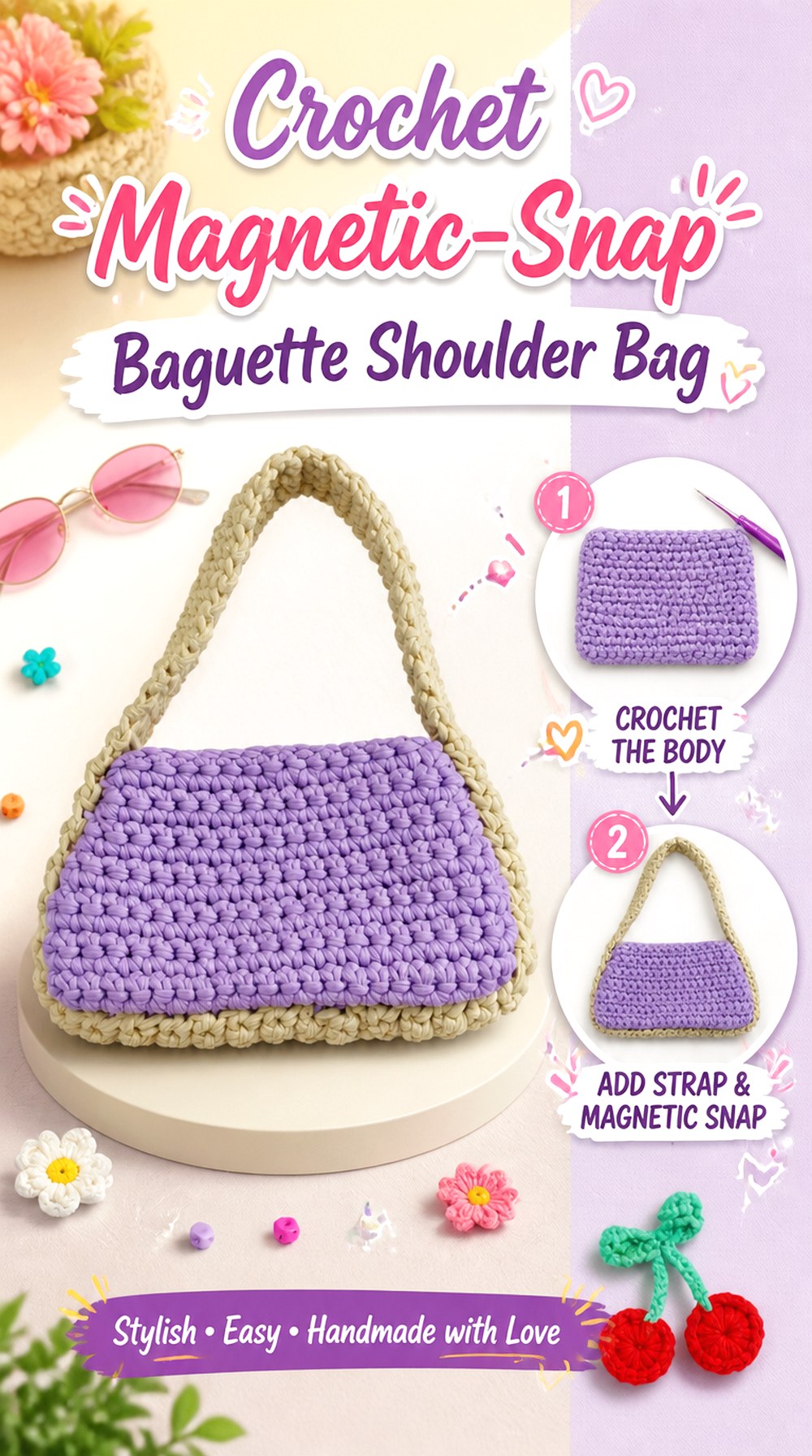Crochet Magnetic Snap Baguette Shoulder Bag