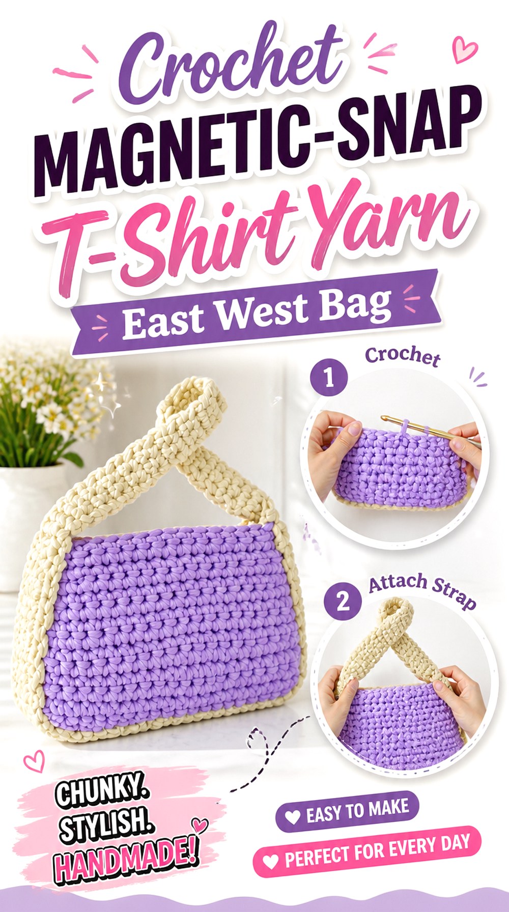 Crochet Magnetic Snap T Shirt Yarn East West Bag
