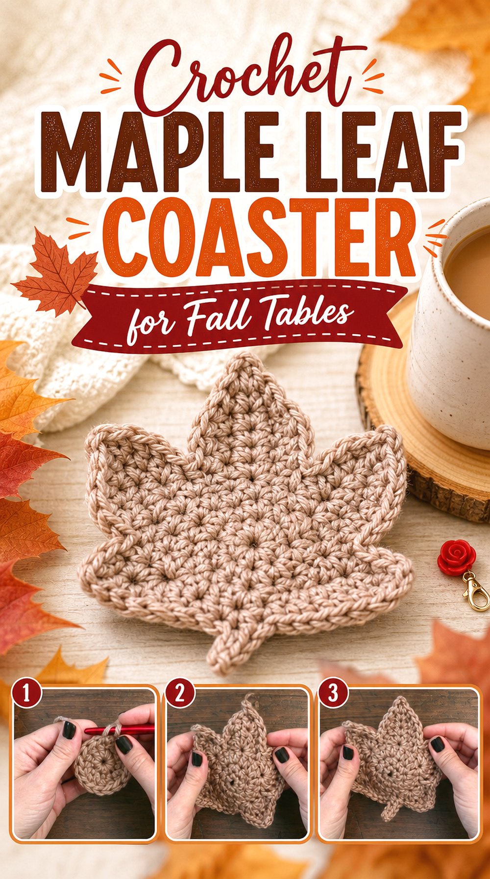 Crochet Maple Leaf Coaster for Fall Tables