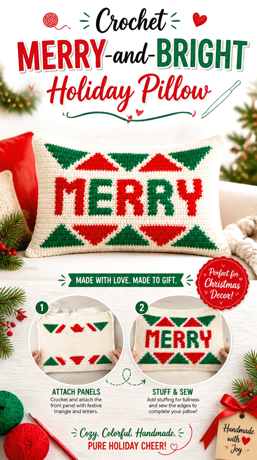 Crochet Merry and Bright Holiday Pillow