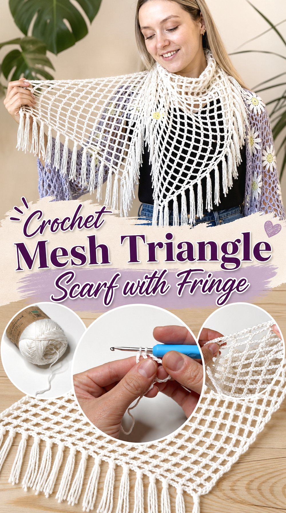 Crochet Mesh Triangle Scarf with Fringe