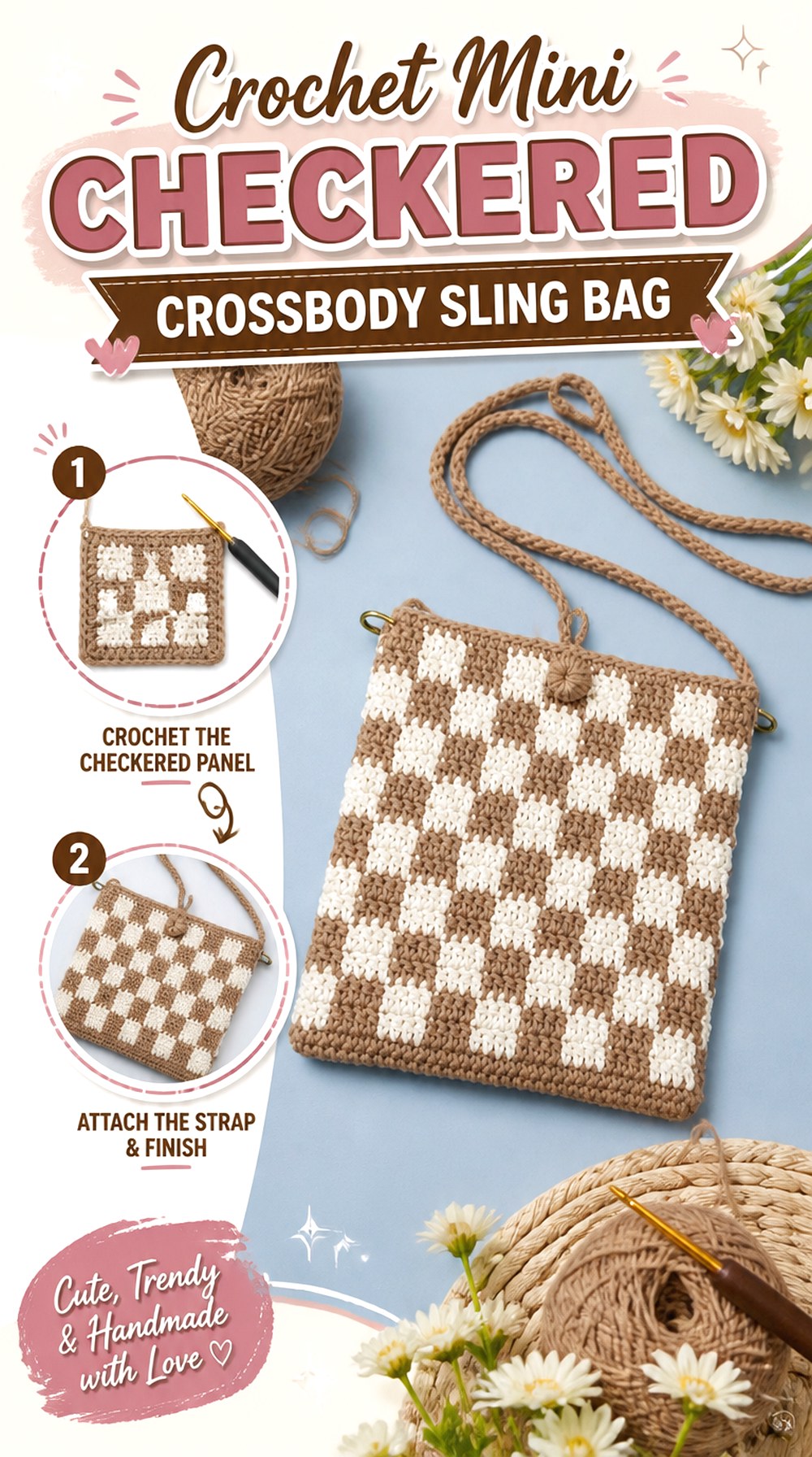 Crochet Mini Checkered Crossbody Sling Bag