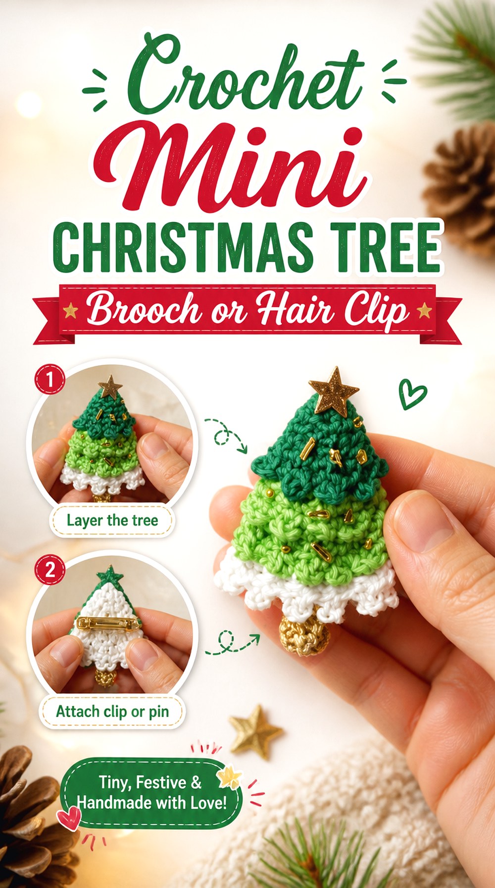 Crochet Mini Christmas Tree Brooch or Hair Clip