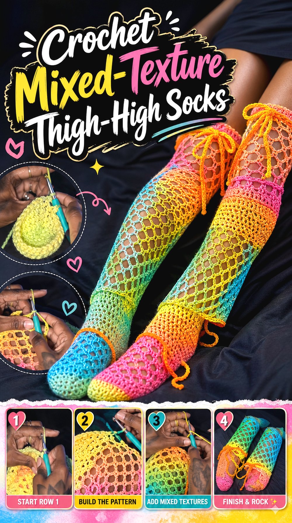 Crochet Mixed Texture Thigh High Socks