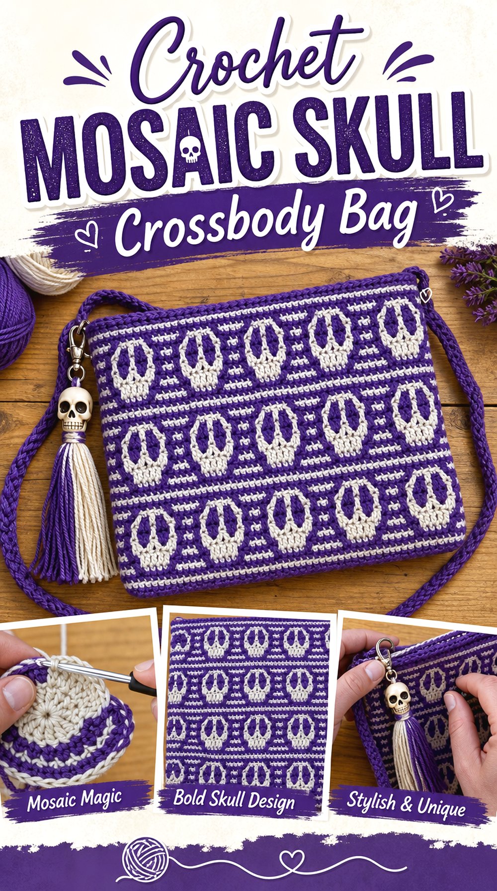 Crochet Mosaic Skull Crossbody Bag