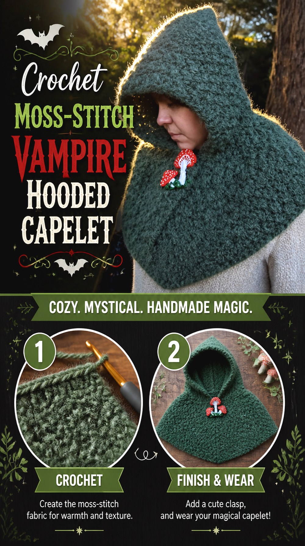Crochet Moss Stitch Vampire Hooded Capelet