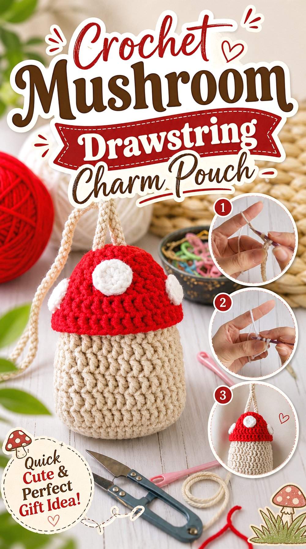 Crochet Mushroom Drawstring Charm Pouch