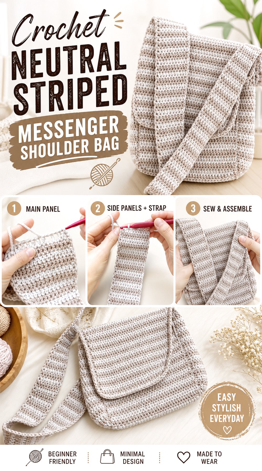 Crochet Neutral Striped Messenger Shoulder Bag