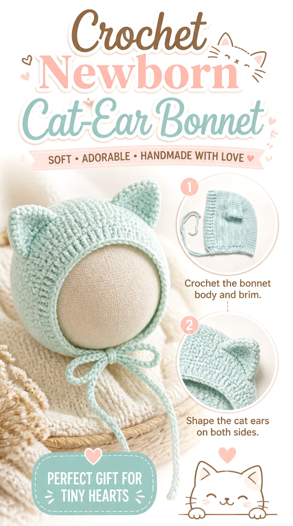 Crochet Newborn Cat Ear Bonnet