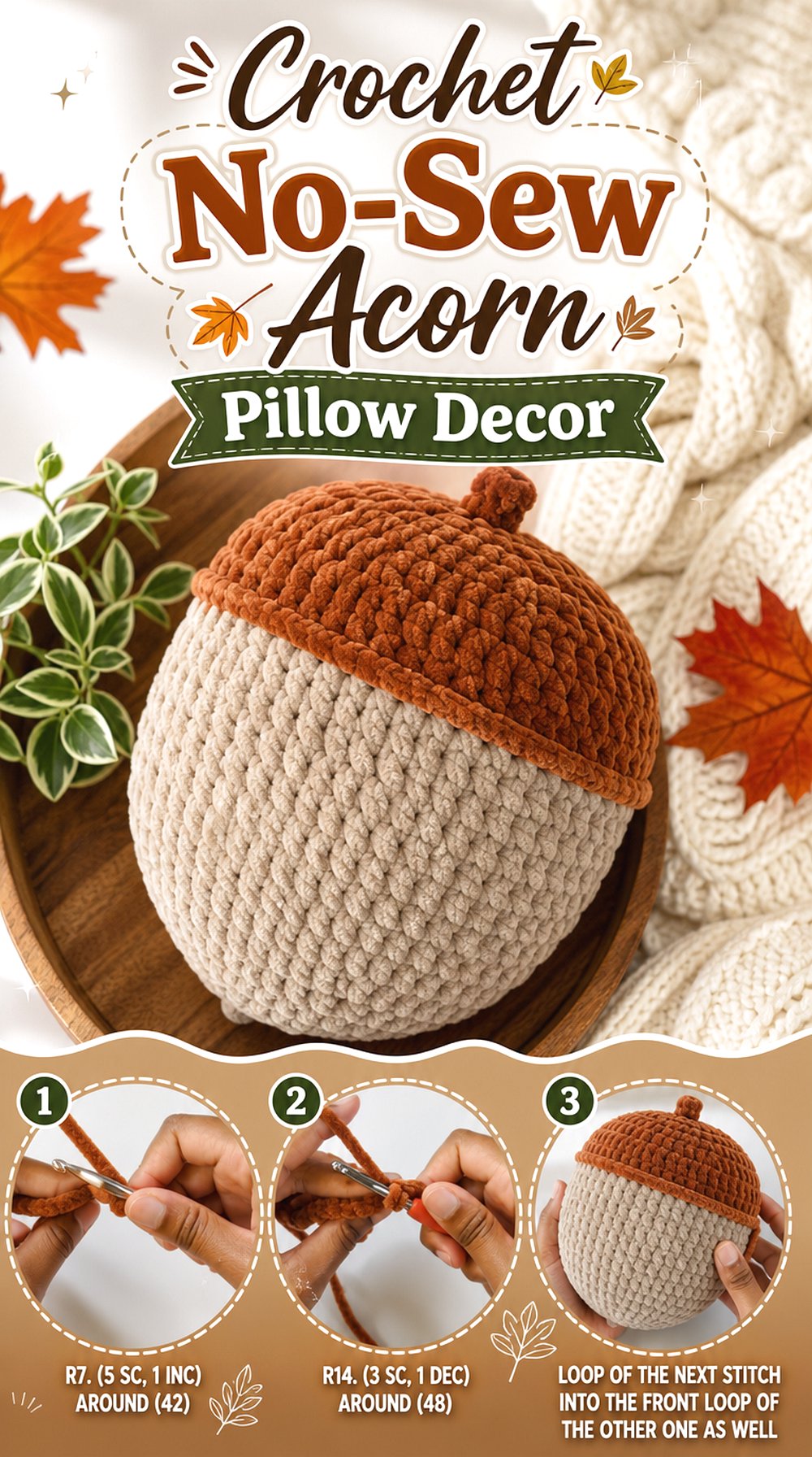 Crochet No Sew Acorn Pillow Decor