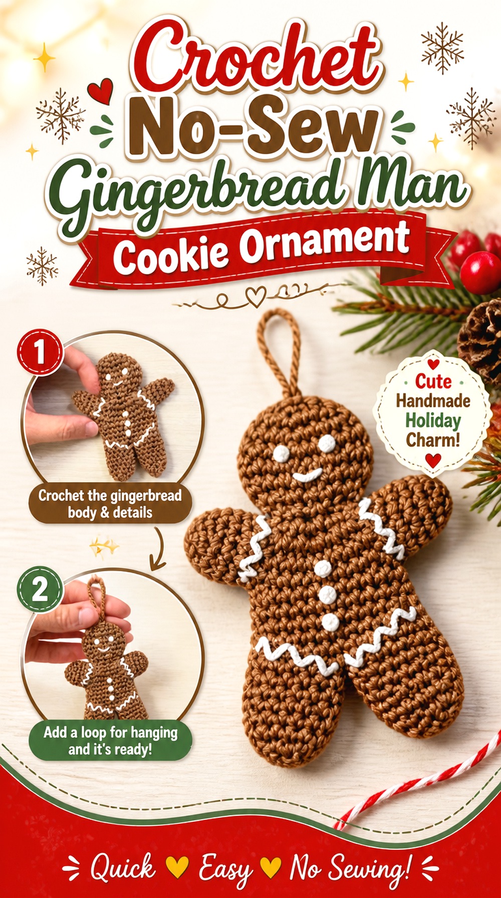 Crochet No Sew Gingerbread Man Cookie Ornament