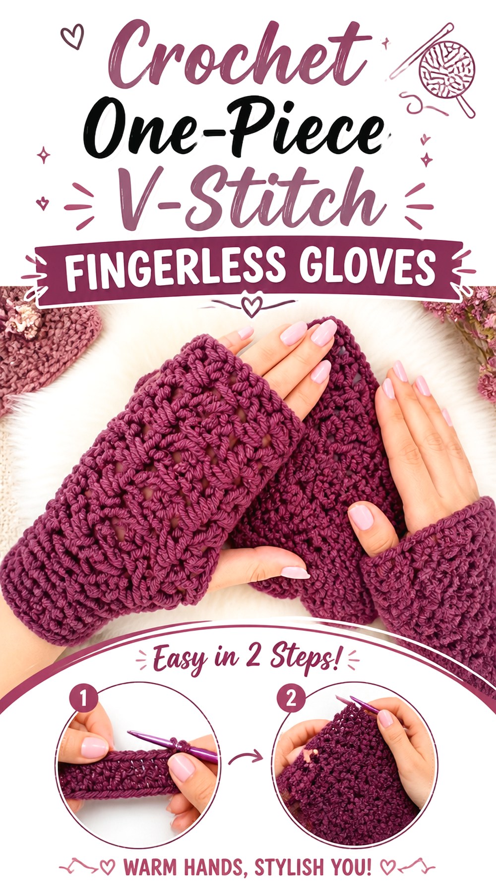 Crochet One Piece V Stitch Fingerless Gloves