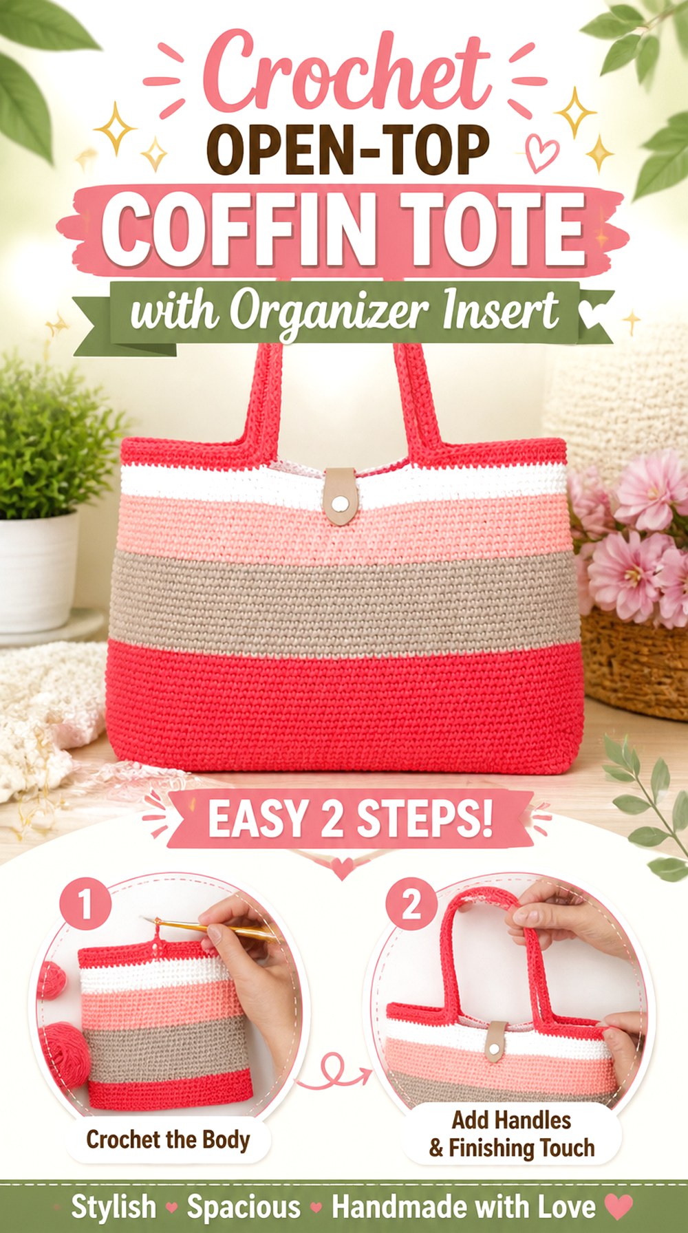 Crochet Open Top Coffin Tote with Organizer Insert