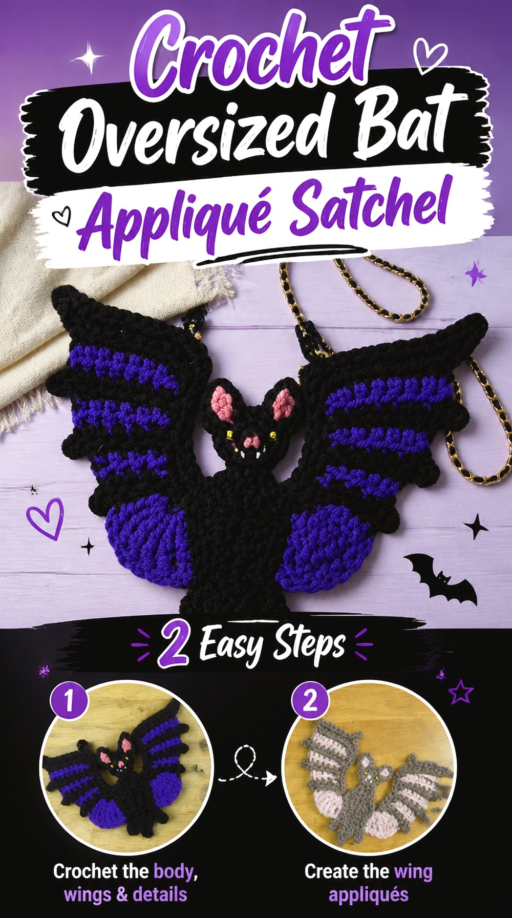 Crochet Oversized Bat Appliqué Satchel