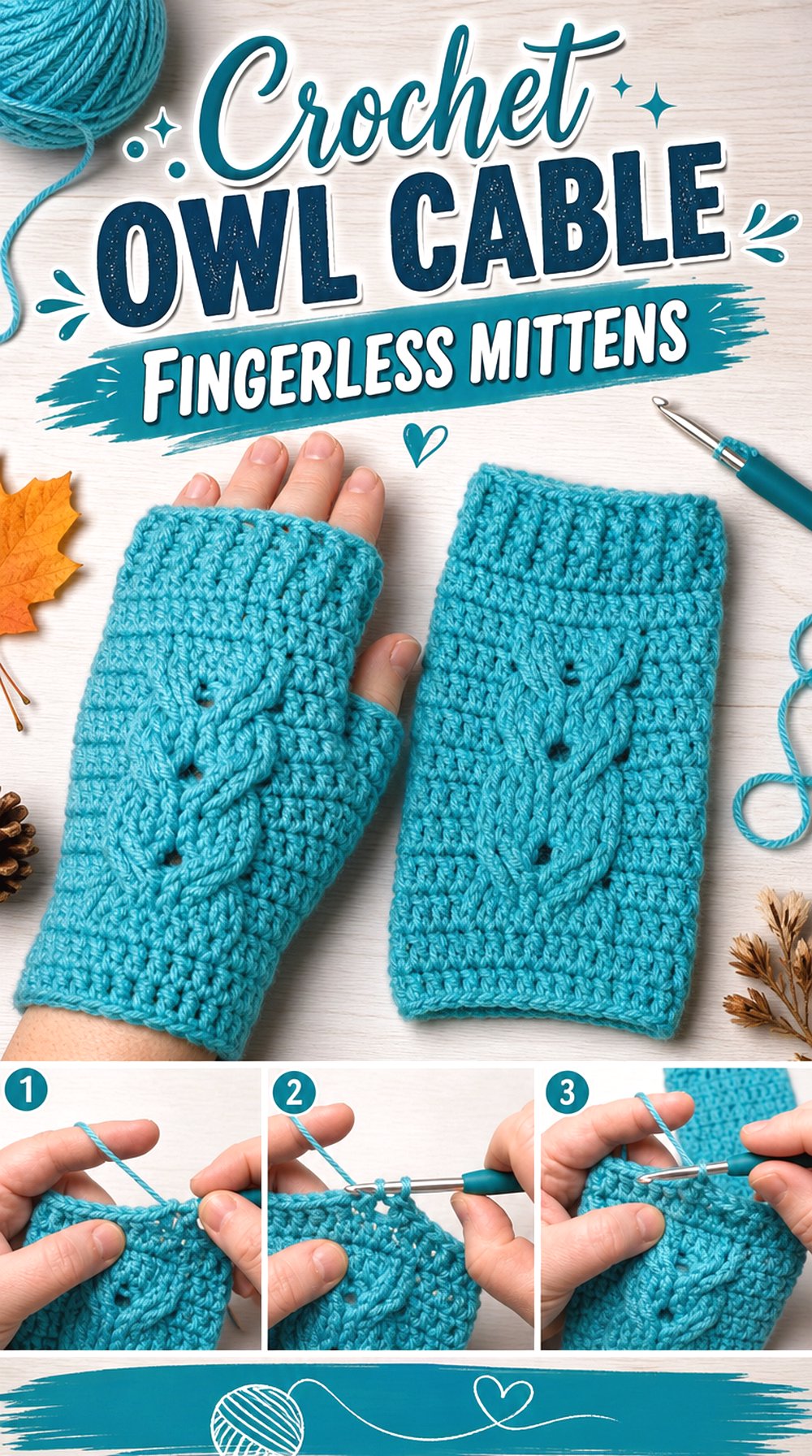 Crochet Owl Cable Fingerless Mittens