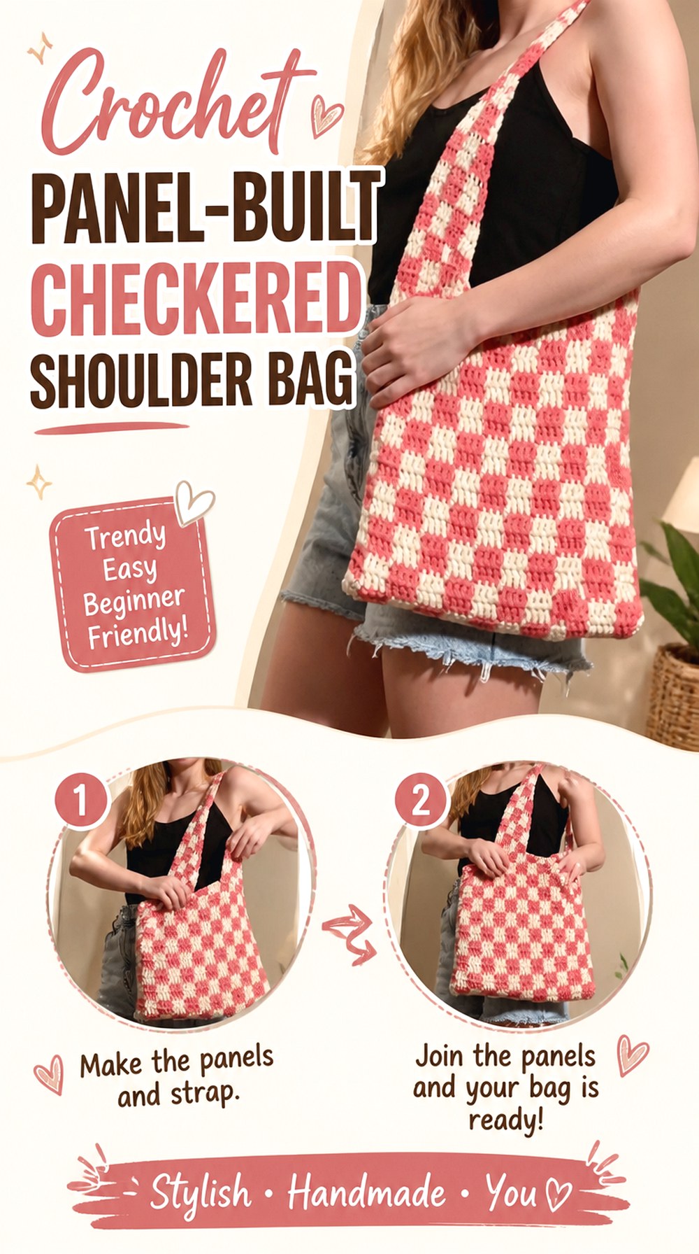 Crochet Panel Built Checkered Shoulder Bag