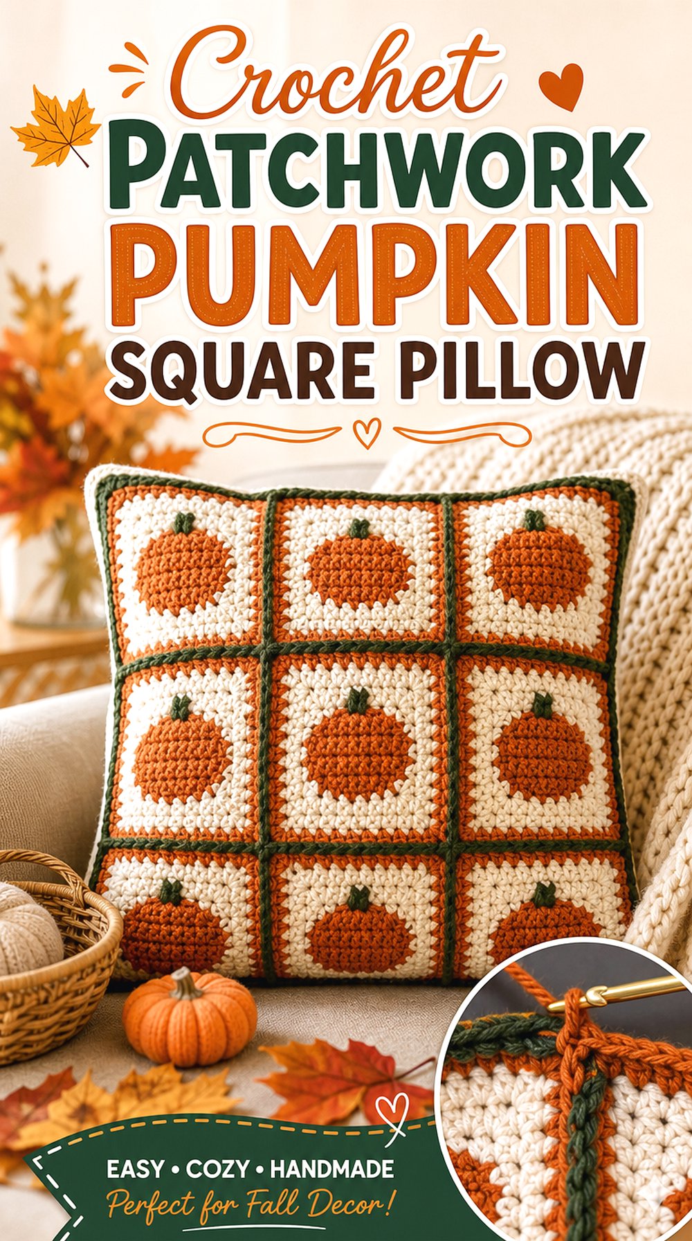 Crochet Patchwork Pumpkin Square Pillow