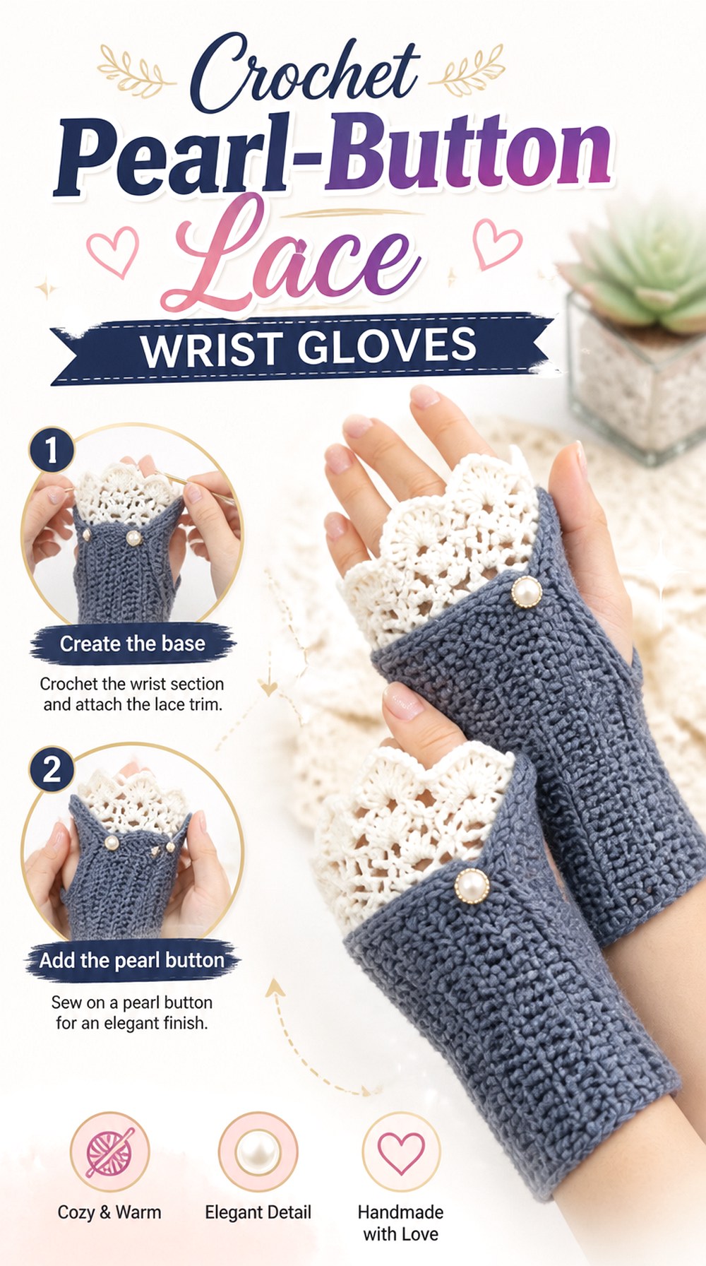 Crochet Pearl Button Lace Wrist Gloves