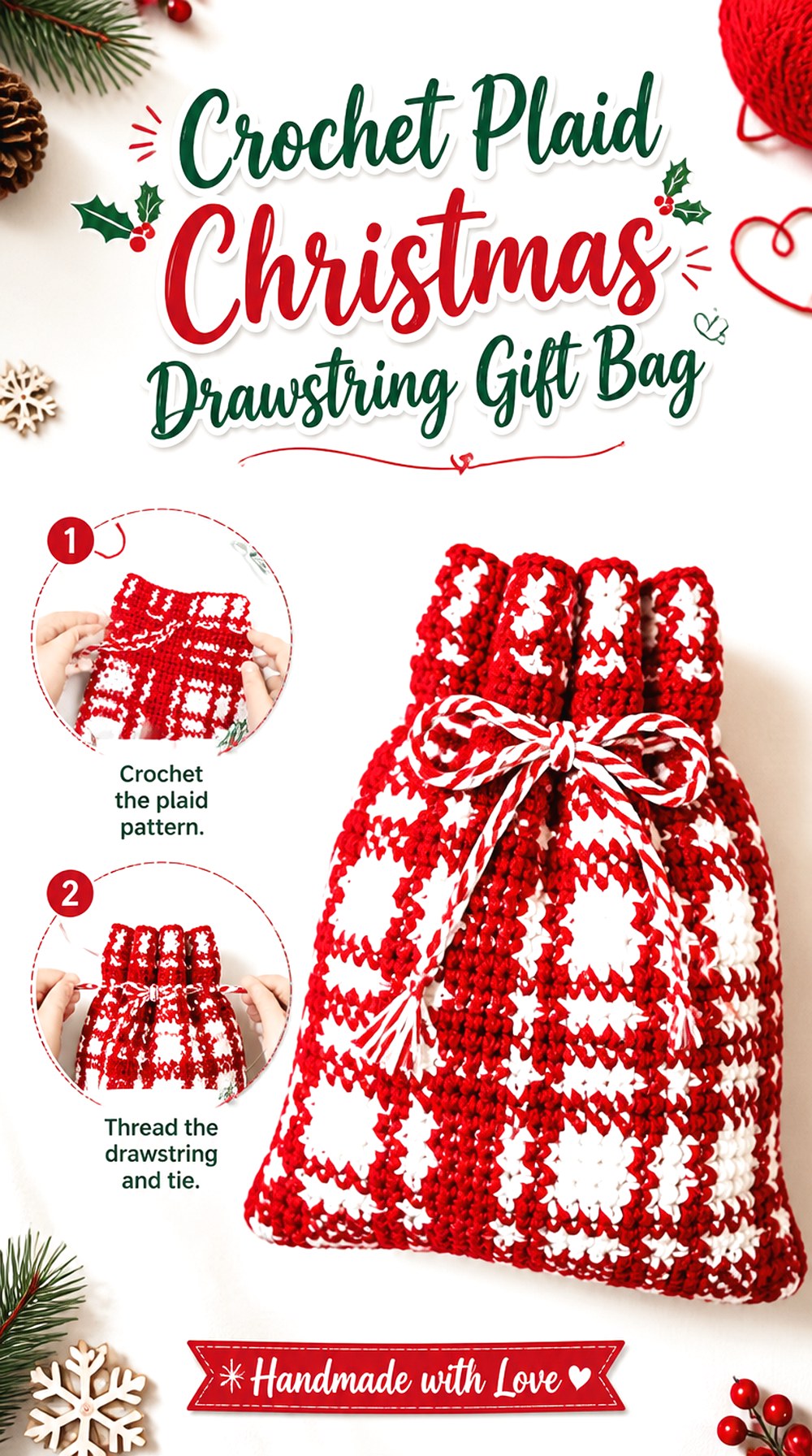 Crochet Plaid Christmas Drawstring Gift Bag