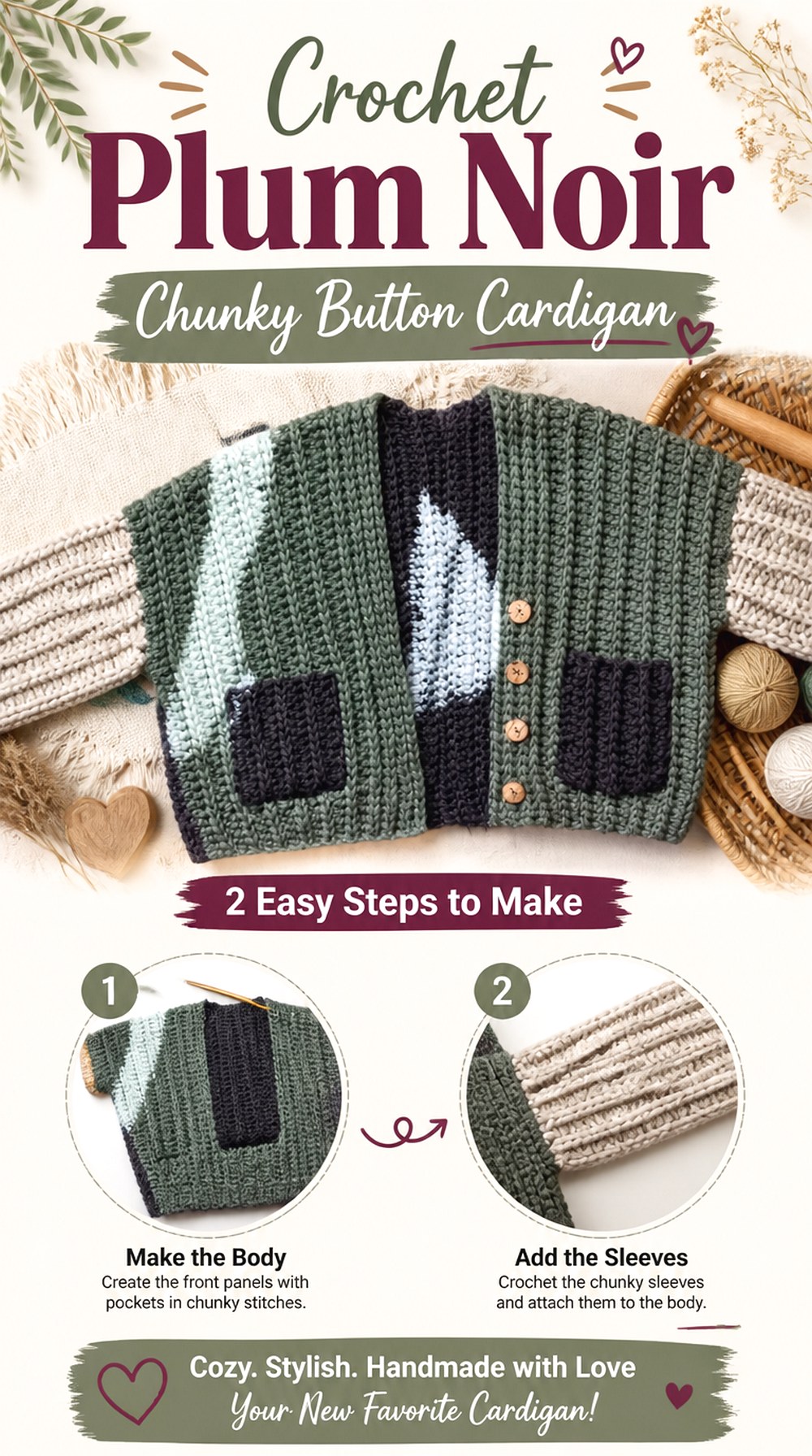 Crochet Plum Noir Chunky Button Cardigan