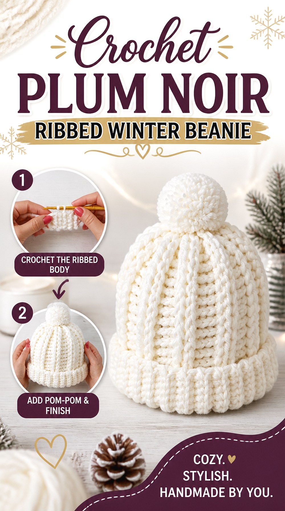 Crochet Plum Noir Ribbed Winter Beanie