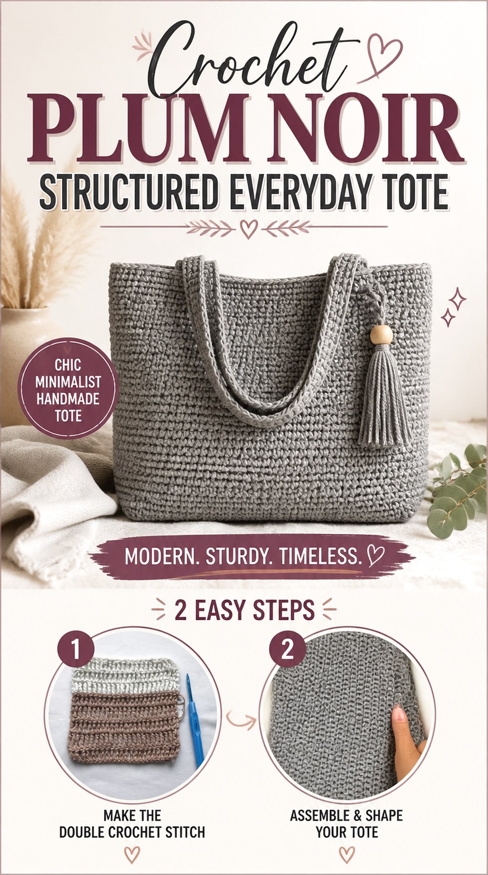 Crochet Plum Noir Structured Everyday Tote